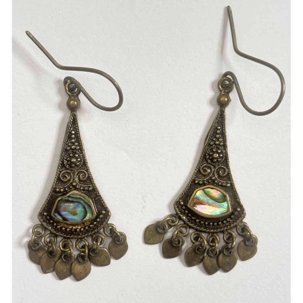 Abalone Shell Chandelier Earrings Ornate Scroll Fringe Dangle Boho Bronze Tone